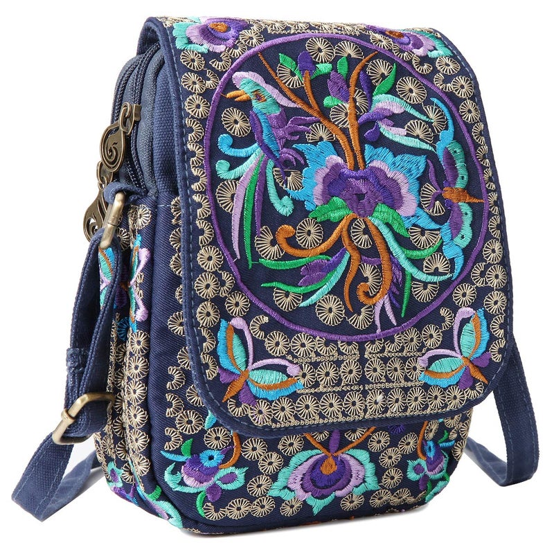 SILKAREA Embroidered Small Canvas Crossbody Bag for Women - Handmade Mini Shoulder Bag Wallet Pouch (Blue) - Image 3